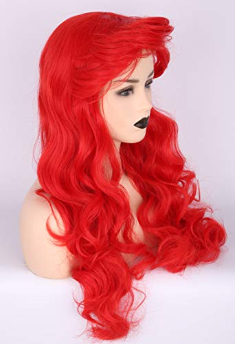 Topcosplay Sirena Ariel Peluca para mujer, Peluca Roja Larga Peluca Ondulada Rizada para Disfraz de Halloween, Cosplay