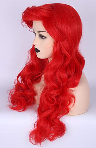 Topcosplay Sirena Ariel Peluca para mujer, Peluca Roja Larga Peluca Ondulada Rizada para Disfraz de Halloween, Cosplay
