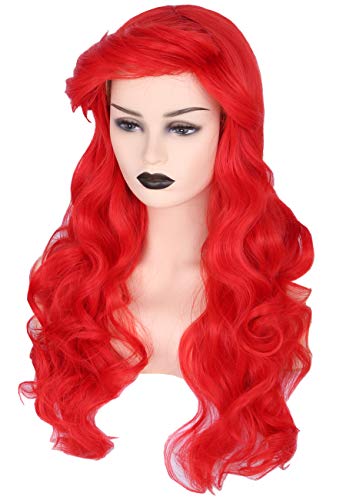 Topcosplay Sirena Ariel Peluca para mujer, Peluca Roja Larga Peluca Ondulada Rizada para Disfraz de Halloween, Cosplay