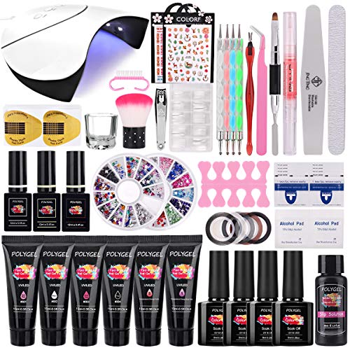 TopDirect 36W UV/LED Lámpara Uñas Polygel Uñas Kit, 6Pcs extensión de uñas polygel 15ml + 4 Pcs Esmalte Semipermanente Gel Uñas Soak off 8ml con Top y Base Coat Herramientos de Uñas Arte