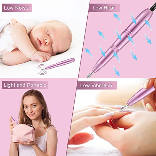 Torno para Uñas, EKUPUZ Lima de Uñas Eléctrica, Set Manicura y Pedicura Electrico Profesional con USB Portátil Velocidad Ajustable 0-20000RPM con 11 Tipos de Brocas de Pulido y 1 Cepillo, Rosa