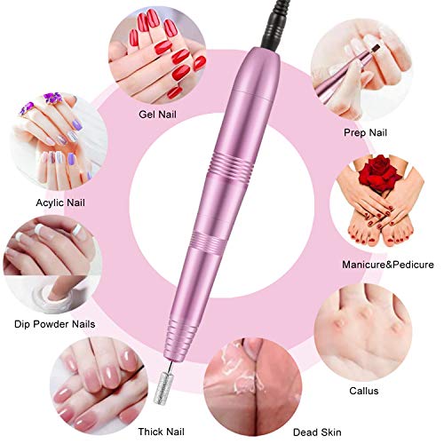 Torno para Uñas, EKUPUZ Lima de Uñas Eléctrica, Set Manicura y Pedicura Electrico Profesional con USB Portátil Velocidad Ajustable 0-20000RPM con 11 Tipos de Brocas de Pulido y 1 Cepillo, Rosa