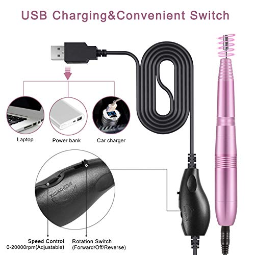 Torno para Uñas, EKUPUZ Lima de Uñas Eléctrica, Set Manicura y Pedicura Electrico Profesional con USB Portátil Velocidad Ajustable 0-20000RPM con 11 Tipos de Brocas de Pulido y 1 Cepillo, Rosa