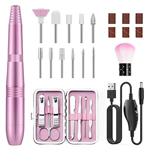 Torno para Uñas, EKUPUZ Lima de Uñas Eléctrica, Set Manicura y Pedicura Electrico Profesional con USB Portátil Velocidad Ajustable 0-20000RPM con 11 Tipos de Brocas de Pulido y 1 Cepillo, Rosa