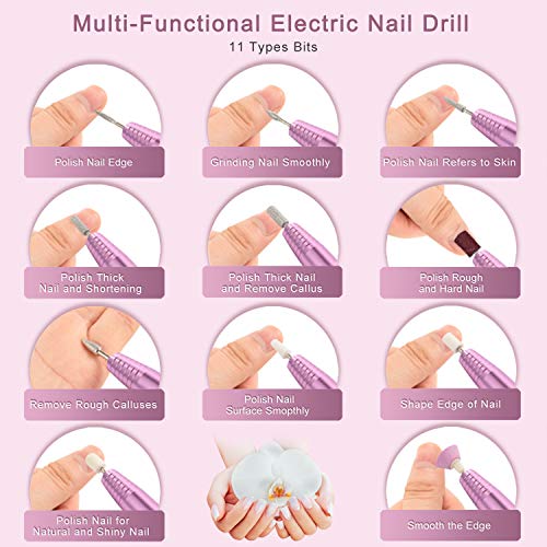 Torno para Uñas, EKUPUZ Lima de Uñas Eléctrica, Set Manicura y Pedicura Electrico Profesional con USB Portátil Velocidad Ajustable 0-20000RPM con 11 Tipos de Brocas de Pulido y 1 Cepillo, Rosa