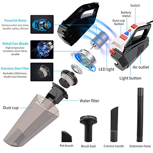 TowerTop Aspirador de Coche, 5500PA Aspiradora de Coche Portátil con Filtro de Acero Inoxidable, Aspirador Potente con Seco y Húmedo, 2 Luz LED, Cable 5M