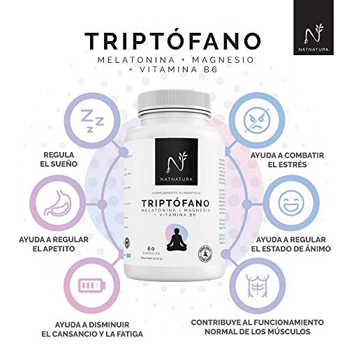 TRIPTÓFANO + Magnesio + Melatonina + Vitamina B6. Suplemento alimenticio a base de L-Triptófano concentrado (600mg) para regular el sueño, estado de ánimo y ansiedad. 60 cápsulas vegetales.