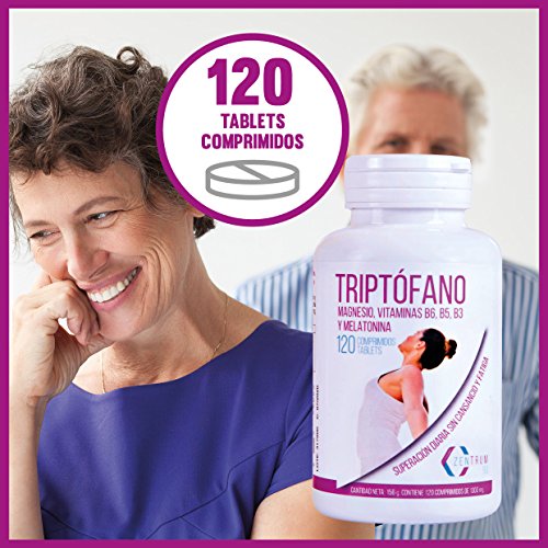 Triptófano y magnesio para mejorar el estado de ánimo y combatir el estrés – Triptófano con melatonina para ayudar a regular los ciclos de sueño – Con vitaminas B6, B5 y B3 – 120 comprimidos