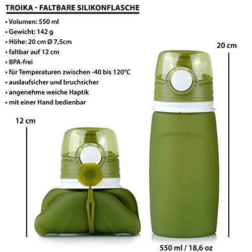 TROIKA - Botella de Silicona Plegable - Capacidad: 550 ml / 18,6 oz - Enrollable y a Prueba de Fugas - para Deporte. para Uso en Exteriores. Escuela y Camping, sin BPA, Silicona médica, Color Verde