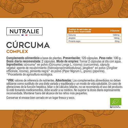 Turmeric Cúrcuma orgánica(650mg) con Jengibre(50mg) y Pimienta Negra(10mg) | 120 cápsulas vegetales | Máxima calidad | Potente antiinflamatorio y antioxidante natural | Cúrcuma complex | Nutralie