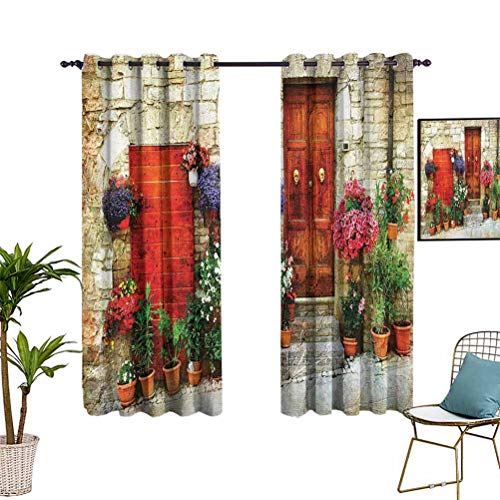 Tuscan Decor Collection - Cortina de aislamiento térmico con flores en el exterior del hogar en la ciudad italiana de Asís para puerta de interior, color rosa, marfil, rojo y verde (63 x 63 pulgadas)