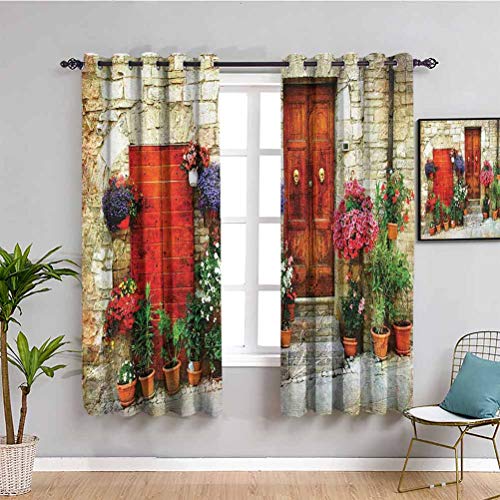 Tuscan Decor Collection - Cortina de aislamiento térmico con flores en el exterior del hogar en la ciudad italiana de Asís para puerta de interior, color rosa, marfil, rojo y verde (63 x 63 pulgadas)