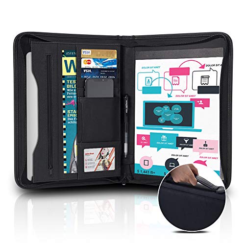 Tyson Carpeta Organizadora personal de viaje con cierre de cremallera con panel de escritura, bolsillos y titulares de tarjetas para el documento de curriculum vitae y cuaderno (negro con mango)