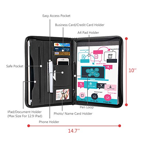 Tyson Carpeta Organizadora personal de viaje con cierre de cremallera con panel de escritura, bolsillos y titulares de tarjetas para el documento de curriculum vitae y cuaderno (negro con mango)