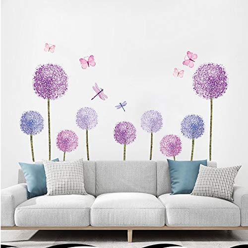 ufengke Pegatinas de Pared Diente de León Morado Vinilos Adhesivos Pared Mariposas Flores Decorativos para Dormitorio Habitación Infantiles Niñas