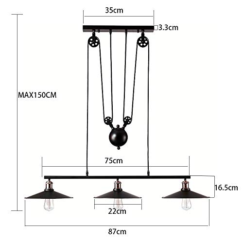 UFLIZOGH Lámpara de Techo Colgante Vintage Industrial Ajustable con 3 Bombillas de E27 de Estilo Retro para Cafeterías Salones Cocinas Comedores (Sin Bombilla)