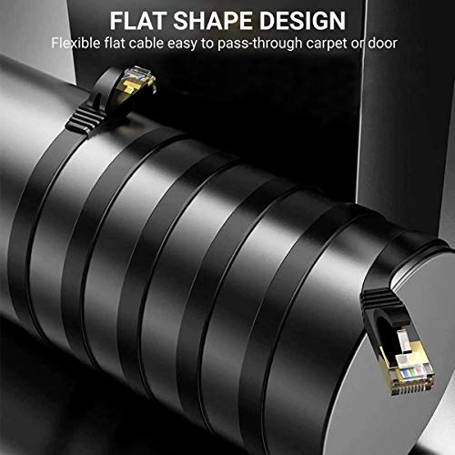 ULTRICS Cat 7 Cable Ethernet 20 Metros, RJ45 Plano Alta Velocidad Cordón de Red 10 Gbps, STP Enchufes Enchapados en Oro Línea Internet Compatible con PS4, Xbox, Enrutador, Módem, Interruptor – Negro
