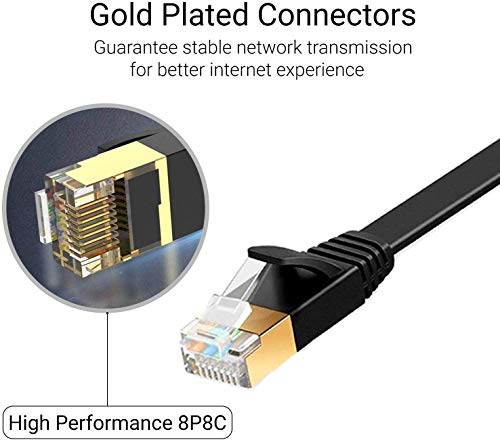 ULTRICS Cat 7 Cable Ethernet 20 Metros, RJ45 Plano Alta Velocidad Cordón de Red 10 Gbps, STP Enchufes Enchapados en Oro Línea Internet Compatible con PS4, Xbox, Enrutador, Módem, Interruptor – Negro