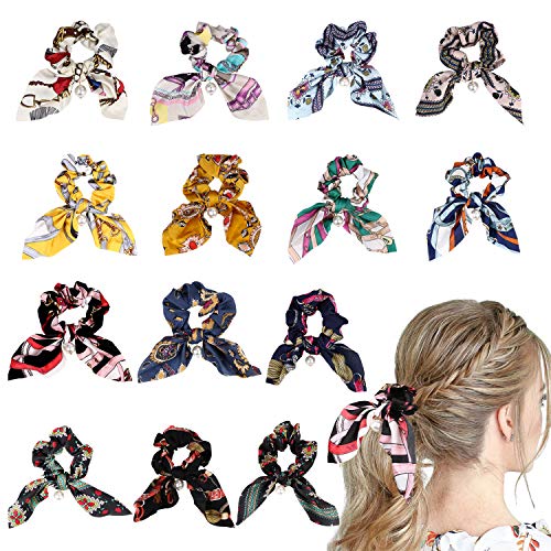 URAQT 14 psc Colorido Bowknot Floral Hair Scrunchy Hair Ties, Ribbon Hair Ties Bow Bandas elásticas para el cabello Soporte de cola de caballo con lunares, Cuerda de accesorios para mujeres