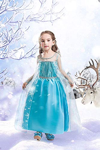 URAQT Vestido de Elsa, Disfraz de Elsa con Accesorios de Cosplay, Vestido de Princesa para Niñas con Capa de Copos de Nieve Brillantes, para Halloween, Cumpleaños, Carnaval y Fiesta