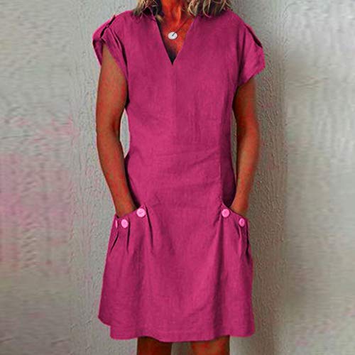 URIBAKY * Mini Vestido De Estilo BáSico para Mujer Color SóLido Vestido Informal De Verano De Manga Corta con Cuello En V Dobladillo Grande Falda Recta para Diario con Bolsillos