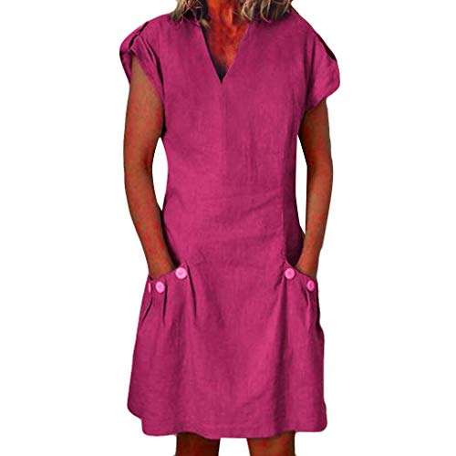 URIBAKY * Mini Vestido De Estilo BáSico para Mujer Color SóLido Vestido Informal De Verano De Manga Corta con Cuello En V Dobladillo Grande Falda Recta para Diario con Bolsillos
