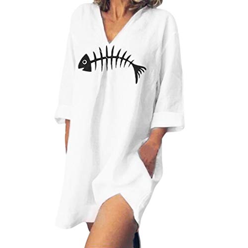 URIBAKY Verano Elegante Vestido Midi De AlgodóN Y Lino Mujer Estampado De Hueso De Pescado De Dibujos Animados Manga Larga Cuello V Flojo Ocasional Recto Vestido