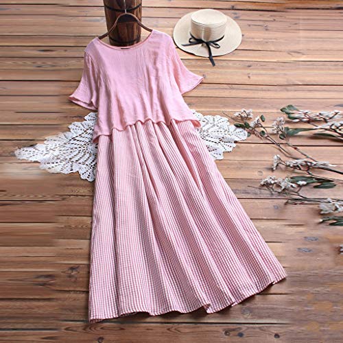 URIBAKY Vestido Largo De AlgodóN Mezclado De Mujer Estilo Patchwork con Estampado De CuadríCula Vestido Informal De Verano Falda Recta De Cuello Redondo De Manga Corta para Diario, Playa Y Vacaciones