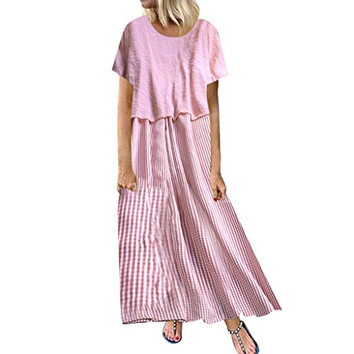 URIBAKY Vestido Largo De AlgodóN Mezclado De Mujer Estilo Patchwork con Estampado De CuadríCula Vestido Informal De Verano Falda Recta De Cuello Redondo De Manga Corta para Diario, Playa Y Vacaciones