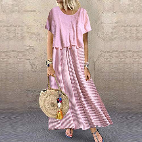 URIBAKY Vestido Largo De AlgodóN Mezclado De Mujer Estilo Patchwork con Estampado De CuadríCula Vestido Informal De Verano Falda Recta De Cuello Redondo De Manga Corta para Diario, Playa Y Vacaciones