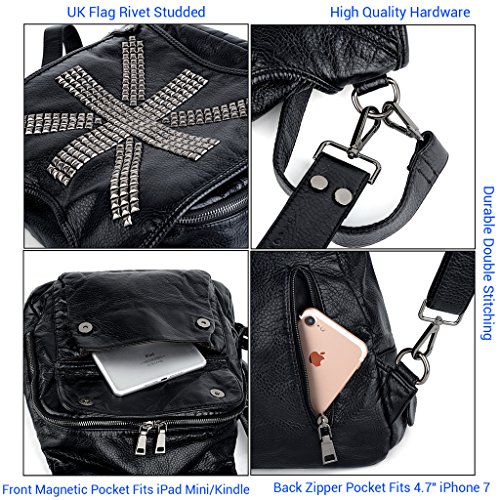 UTO Mujeres Mochila Union Jack Reino Unido Bandera Remache Tachonado PU Lavado Monedero de Cuero Convertible Damas Mochila Bolsa de Hombro Negro