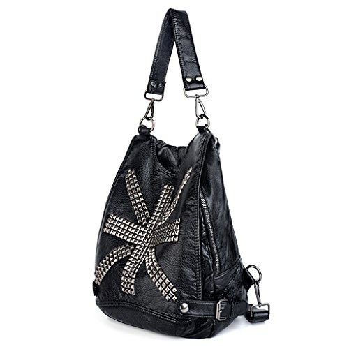 UTO Mujeres Mochila Union Jack Reino Unido Bandera Remache Tachonado PU Lavado Monedero de Cuero Convertible Damas Mochila Bolsa de Hombro Negro