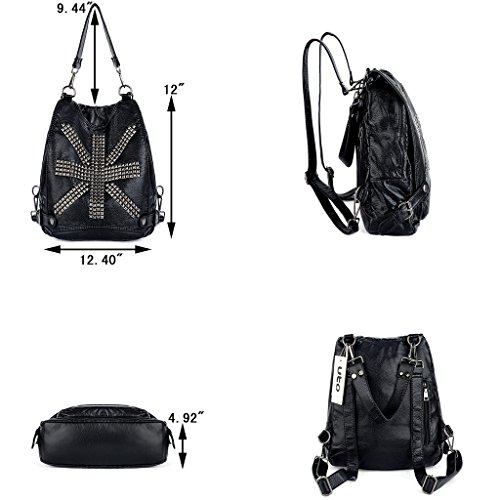 UTO Mujeres Mochila Union Jack Reino Unido Bandera Remache Tachonado PU Lavado Monedero de Cuero Convertible Damas Mochila Bolsa de Hombro Negro