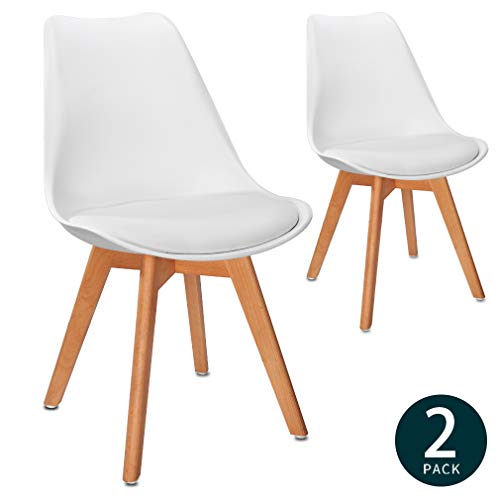 VADIM Sillas de 2 Tulip Comerdor Modernas para Comedor/Sala de Estar/Café / Restaurante, Las piernas de Madera de Haya Maciza y Asiento Acolchado,Blanco