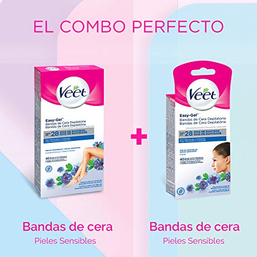 Veet Bandas de Cera Fria Depilatoria para Depilación de Cuerpo y Piernas con Aceite de Almendras, Easy Gelwax, Pieles Sensibles, 40 Bandas