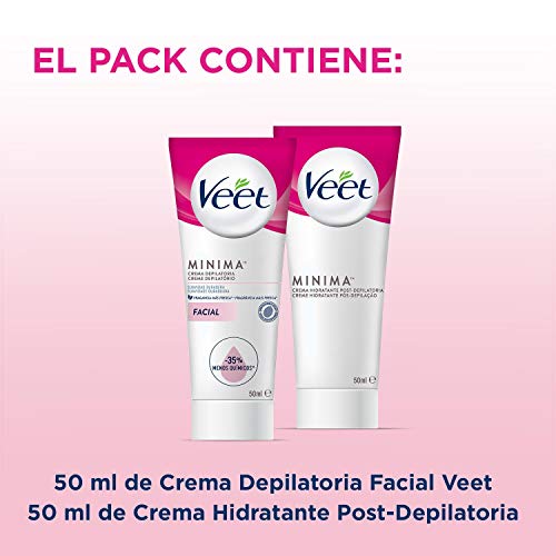 Veet Kit Crema Depilatoria Facial + Crema hidratante post-depilatoria para un acabado óptimo - 2 x 50 ml