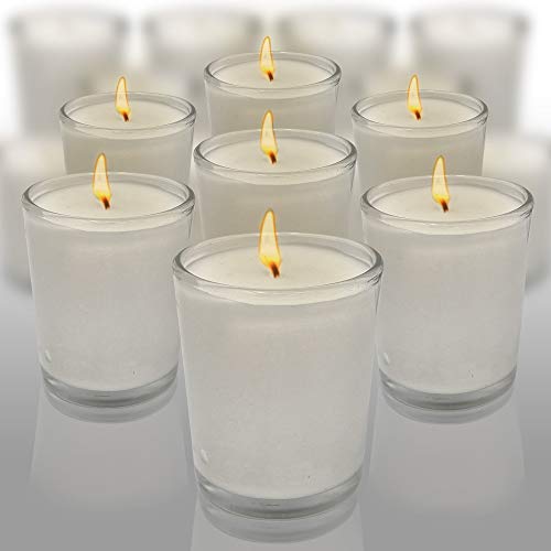 Velas votivas blancas – vasos de cristal transparente, sin perfume, extra largas 24 horas de combustión – para decoración de fiestas, cumpleaños, bodas y centros de mesa – Hyoola