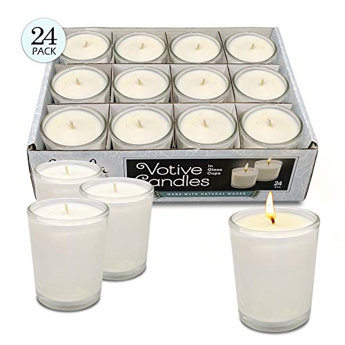 Velas votivas blancas – vasos de cristal transparente, sin perfume, extra largas 24 horas de combustión – para decoración de fiestas, cumpleaños, bodas y centros de mesa – Hyoola