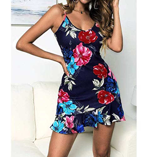 VEMOW Vestido de Fiesta de Noche sin Mangas con Volantes y Estampado Floral de Volantes para Mujer(Armada,L)