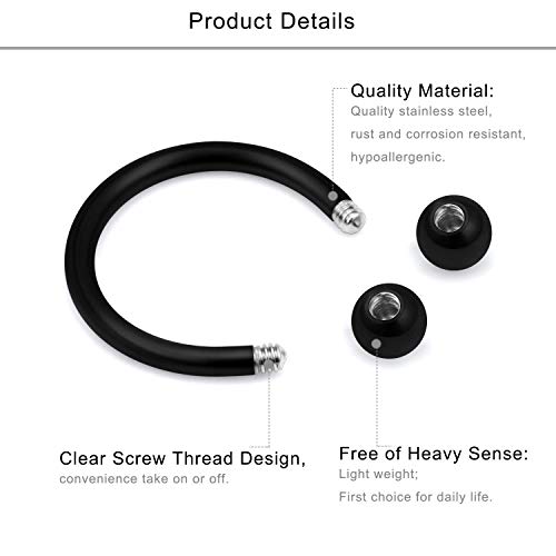 VFUN 6 Piezas 16G 316L Acero Inoxidable Piercing Nariz Anillo Aros Cartilago Septum Labio Helix Tragus Ceja Piercing Oreja Piercing 10mm - Negro