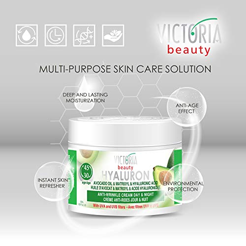 Victoria Beauty - Ácido hialurónico, crema antiarrugas, día y noche, crema de aceite de aguacate y Matrixyl con filtro UV para mayores de 30 años - 50 ml