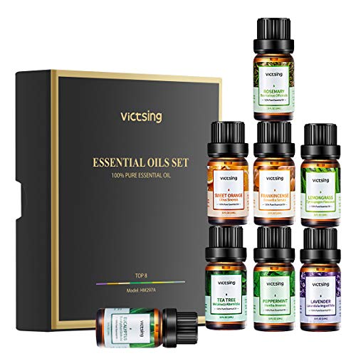 VicTsing Set de Regalo Essential Aceite (8 x 10 ml), Aceites 100% Puros para Difusores de Aceite: Lavanda, Limoncillo, Arbol de Té, Naranja Dulce, Eucalipto, Menta, Romero, Incienso