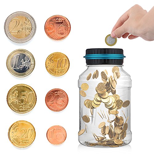 Vingtank Digital Coin Bank Caja de Ahorros Caja de ahorro de dinero de gran capacidad con pantalla LCD, transparente transparente (Euro) - Regalos para niños