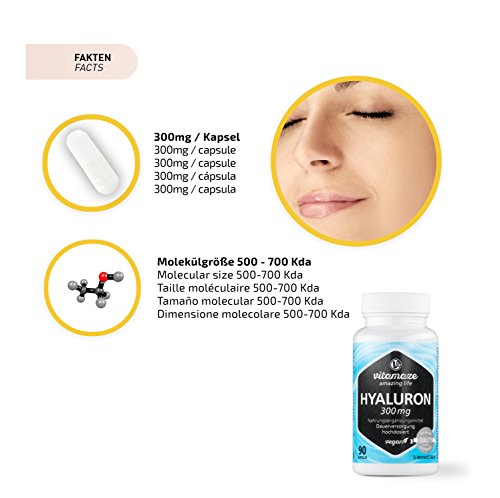 Vitamaze® Ácido Hialurónico Puro Capsulas, 300 mg Alto Concentrado por Capsula Vegano para 3 Meses, alta Biodisponibilidad, Tamaño Molecular de 500-700 kDa, Natural sin Aditivos Innecesarios
