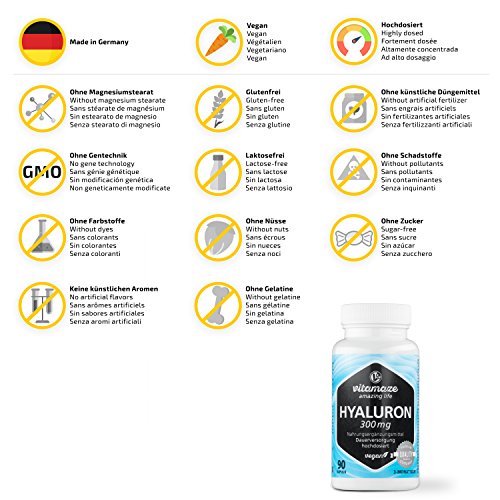 Vitamaze® Ácido Hialurónico Puro Capsulas, 300 mg Alto Concentrado por Capsula Vegano para 3 Meses, alta Biodisponibilidad, Tamaño Molecular de 500-700 kDa, Natural sin Aditivos Innecesarios