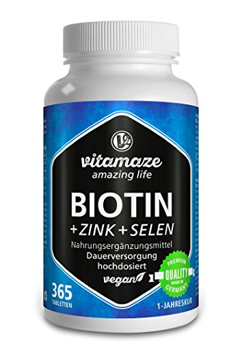 Vitamaze® Biotina 10000 mcg de Dosis Alta + Selenio + Zinc para Crecimiento del Cabello, Cabello y Uñas - 365 Tabletas Veganas para 1 Año, Calidad Alemana, sin Aditivos Innecesarios