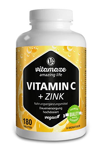 Vitamaze® Vitamina C 1000 mg + Zinc, 180 Comprimidos Vegana para 6 Meses, Reducen Fatiga y Fortalecen el Sistema Inmunológico, Natural Pura Suplemento sin Aditivos Innecesarios, Calidad Alemana