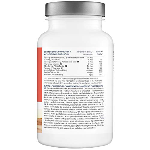Vitamina B Complex - 200 tabletas veganas de vitamina B - Dosis altas de 8 Formas de Vitaminas B: B1 B2 B3 B5 B6 B7 (biotina) B9 (acido folico) y B12 - Apoyo inmunologico