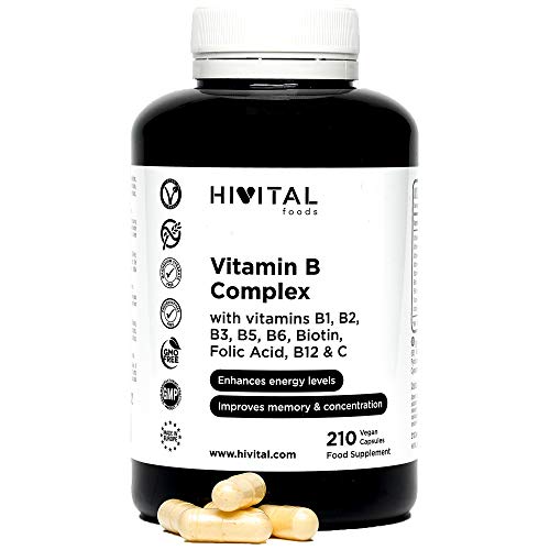 Vitamina B Complex | 210 cápsulas veganas para 7 meses | Complejo Vitaminas B con B1, B2, B3, B5, B6, B12, Biotina y Ácido Fólico | Aumenta el nivel de energía y mejora la concentración y la memoria