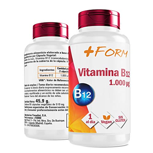 Vitamina B12 1000 mg - Vitaminas y Minerales para la Energía y el bienestar de tu cuerpo – 1 Cápsula al día – Apto para Veganos – Sin Gluten (90 cápsulas) - +Form